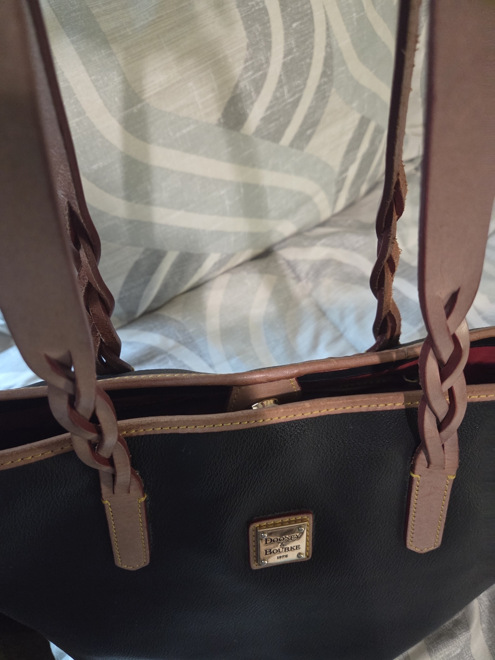 Dooney & Bourke Black Tote with Brown Trim and Braided Handles - Picture 3 of 3